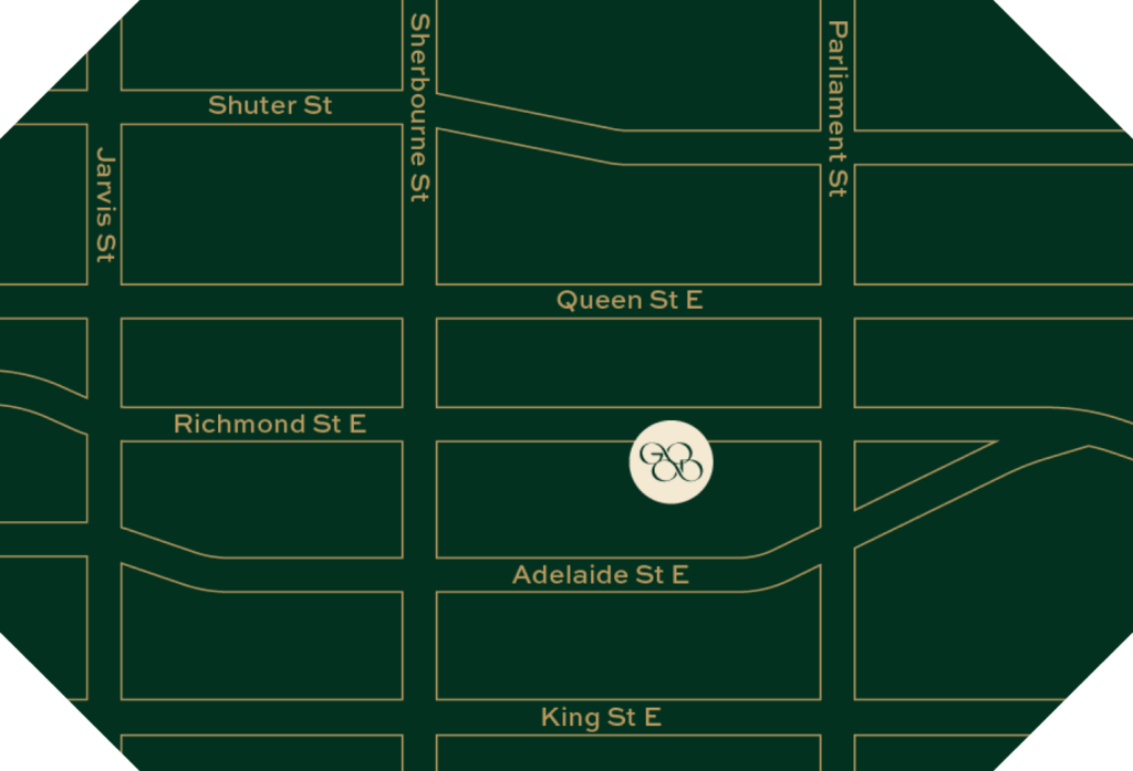 That Good Co Map showing streets in a grid pattern with a highlighted circle at Adelaide St E and connecting streets, marked with That Good Co's emblem.