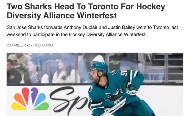 That Good Co San Jose Sharks player in teal jersey on ice; headline mentions team members visiting Toronto for Hockey Diversity Alliance Winterfest.