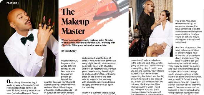 That Good Co Magazine spread featuring an article titled "The Makeup Master" with images of a makeup artist holding a brush and applying makeup to a woman. Text discusses his career and advice.